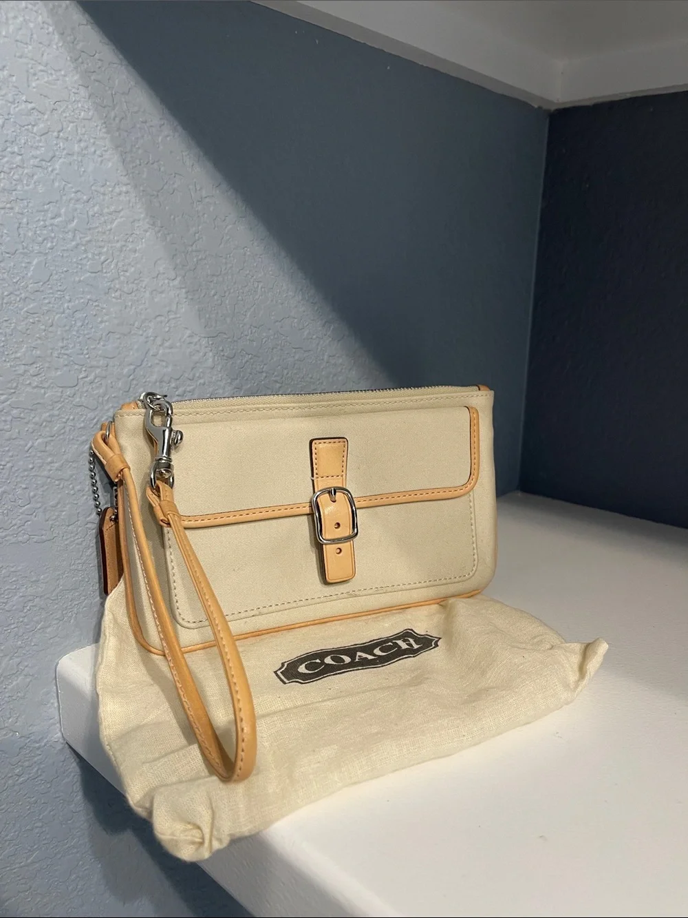 Coach Cream Leather Wristlet with Tan Trim